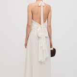Halter Neck Ruffled Maxi Dress in White with Floral Decor