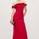 Ruffled Off-Shoulder Maxi Dress in Red