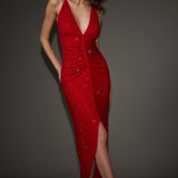 Diamante ruched midi kleit punases