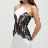 Satiinist ja pitsist korsett midi kleit valges