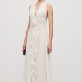 Halter Neck Ruffled Maxi Dress in White with Floral Decor