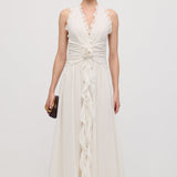 Halter Neck Ruffled Maxi Dress in White with Floral Decor