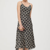 Must Valge Geomeetrilise Prindiga Midi Kleid