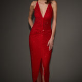 Diamante ruched midi kleit punases