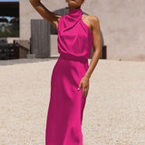 Asümmeetriline satiinmidi kleit roosi punane