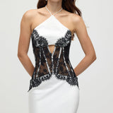 Satiinist ja pitsist korsett midi kleit valges