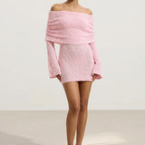 Roosa Üks Õlg Boucle Kootud Mini Kleidid