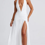 Classic Plunge Halter Split Maxi Dress