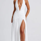 Classic Plunge Halter Split Maxi Dress