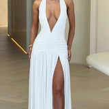 Classic Plunge Halter Split Maxi Dress