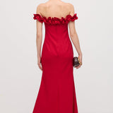 Ruffled Off-Shoulder Maxi Dress in Red
