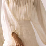Ruched Ruffle Mesh Mini Dress with Puff Sleeves
