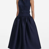 Tumesinine Vöödiga Twill Midi Kleid