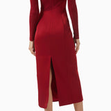 Asümmeetriline kaelusega pikkade varrukatega midi kleit punases