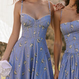 Veniv Puuvillane Midi Kleid Sinises Lillemustris