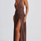 Classic Plunge Halter Split Maxi Dress