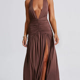 Classic Plunge Halter Split Maxi Dress