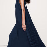 Pleated Georgette Avatud Seljaga Midi Kleid Navy