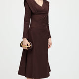 Pika Varrukaga Smocking Õlavarre Midi Kleid Coffee