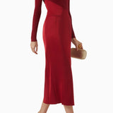 Asümmeetriline kaelusega pikkade varrukatega midi kleit punases