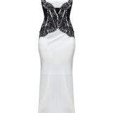 Satiinist ja pitsist korsett midi kleit valges