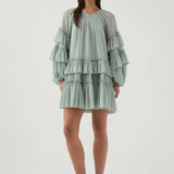 Mini Dress with Ruffled Tiered Design and Puff Sleeves