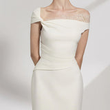 Asümmeetrilise Varrukaga Brokaad Midi Kleit