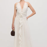 Halter Neck Ruffled Maxi Dress in White with Floral Decor