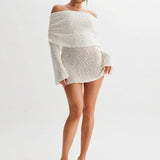 Ivory Color Knitted Mini Dress with Arm Loop