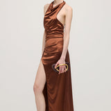 Satiinist Halter Slit Midi Kleid