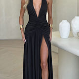Classic Plunge Halter Split Maxi Dress