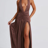 Classic Plunge Halter Split Maxi Dress