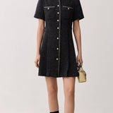 Must Lühikeste Varrukatega Tekstuuriga Mini Kleid