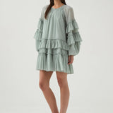 Mini Dress with Ruffled Tiered Design and Puff Sleeves