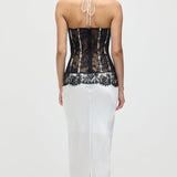 Satiinist ja pitsist korsett midi kleit valges