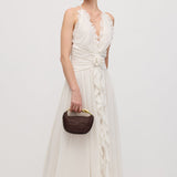 Halter Neck Ruffled Maxi Dress in White with Floral Decor