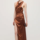 Satiinist Halter Slit Midi Kleid