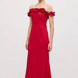 Ruffled Off-Shoulder Maxi Dress in Red
