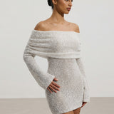 Ivory Color Knitted Mini Dress with Arm Loop