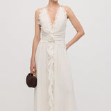 Halter Neck Ruffled Maxi Dress in White with Floral Decor