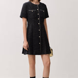 Must Lühikeste Varrukatega Tekstuuriga Mini Kleid