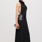 Cowl Neck Open Back Maxi Dress with Cardigan