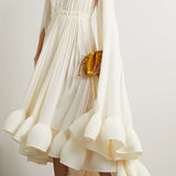 Cape Sleeve Pleated Baggy Midi Dress