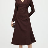 Pika Varrukaga Smocking Õlavarre Midi Kleid Coffee