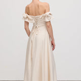 Volangidega Satään Midi Kleit Avatud Õlgadega