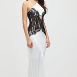 Satiinist ja pitsist korsett midi kleit valges