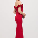 Ruffled Off-Shoulder Maxi Dress in Red