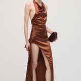 Satiinist Halter Slit Midi Kleid