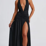 Classic Plunge Halter Split Maxi Dress