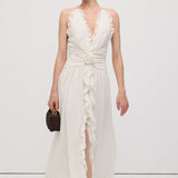 Halter Neck Ruffled Maxi Dress in White with Floral Decor